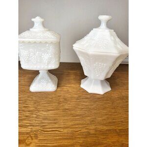 Vintage Milk Glass Covered Dish Pair With Grape Pattern By Anchor Hocking & Indi